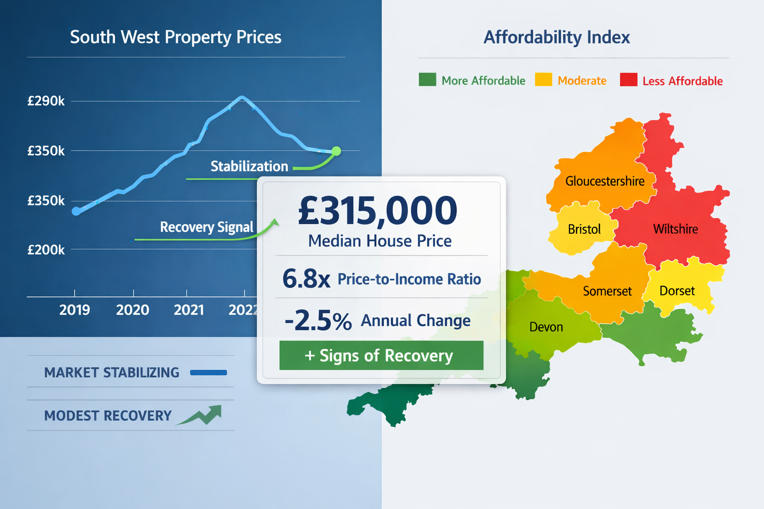 () split-screen infographic composition showing South West England regional housing market data: left side displays property