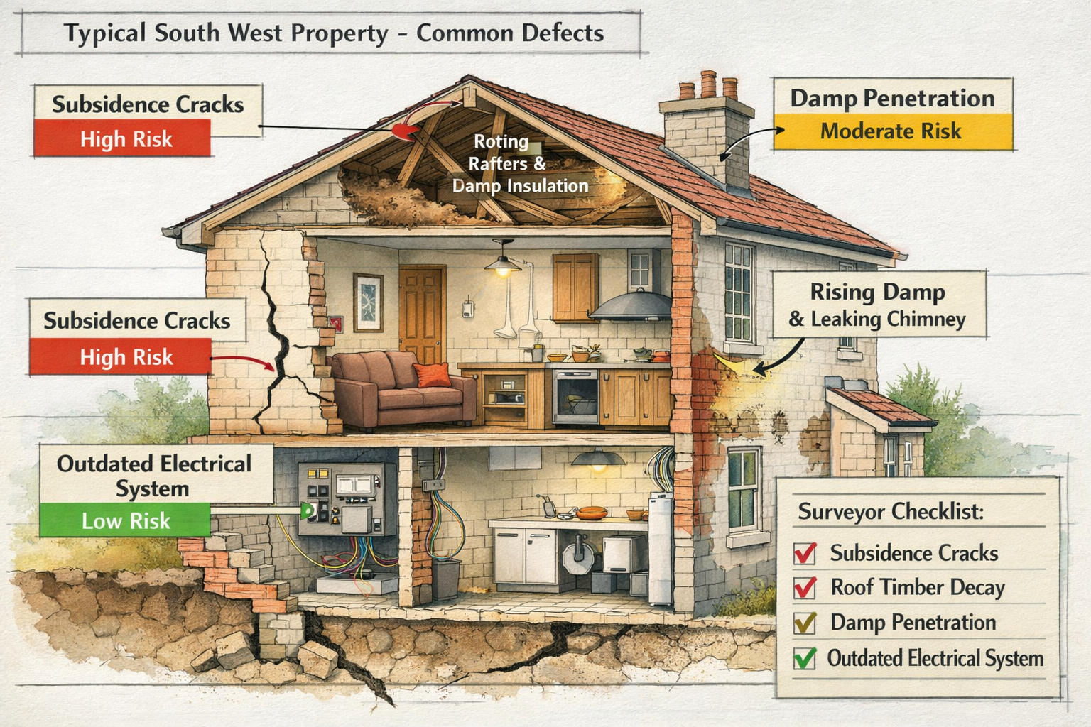 () detailed cutaway architectural illustration of typical South West property showing common defects surveyors must