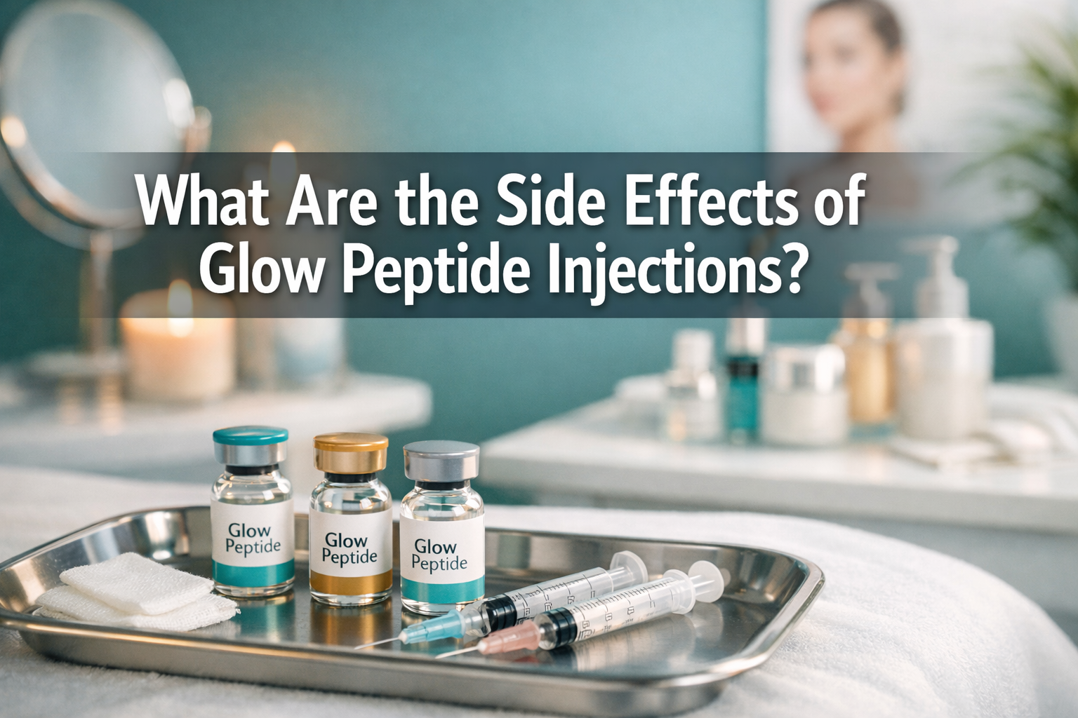 Professional landscape hero image (1536x1024) featuring bold text overlay 'What Are the Side Effects of Glow Peptide Injections?' in extra l