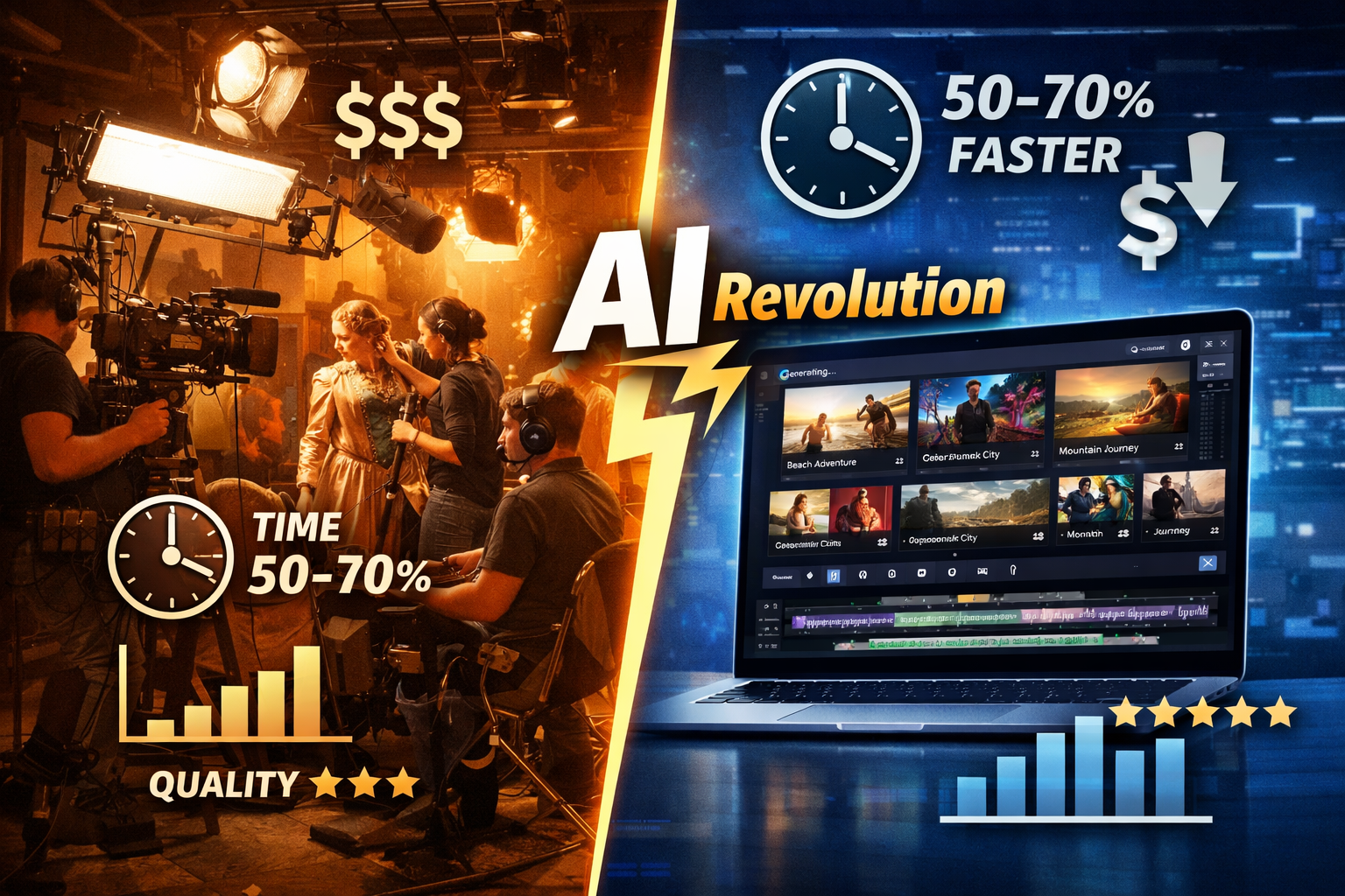 () editorial image showing split-screen composition comparing traditional video production versus AI-powered workflow. Left