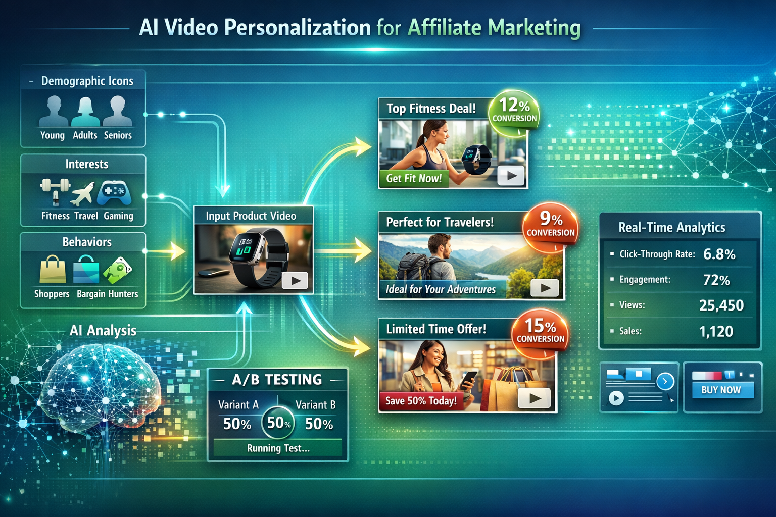 () detailed infographic-style image showcasing AI video personalization workflow for affiliate marketing. Central flowchart
