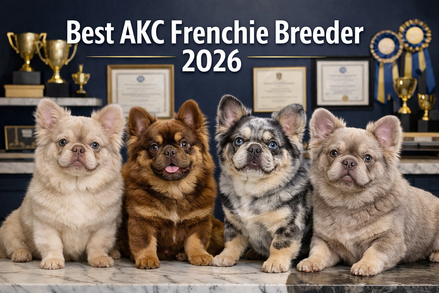 Professional landscape hero image (1536x1024) featuring bold text overlay 'Best AKC Frenchie Breeder 2026' in extra large 72pt white sans-se