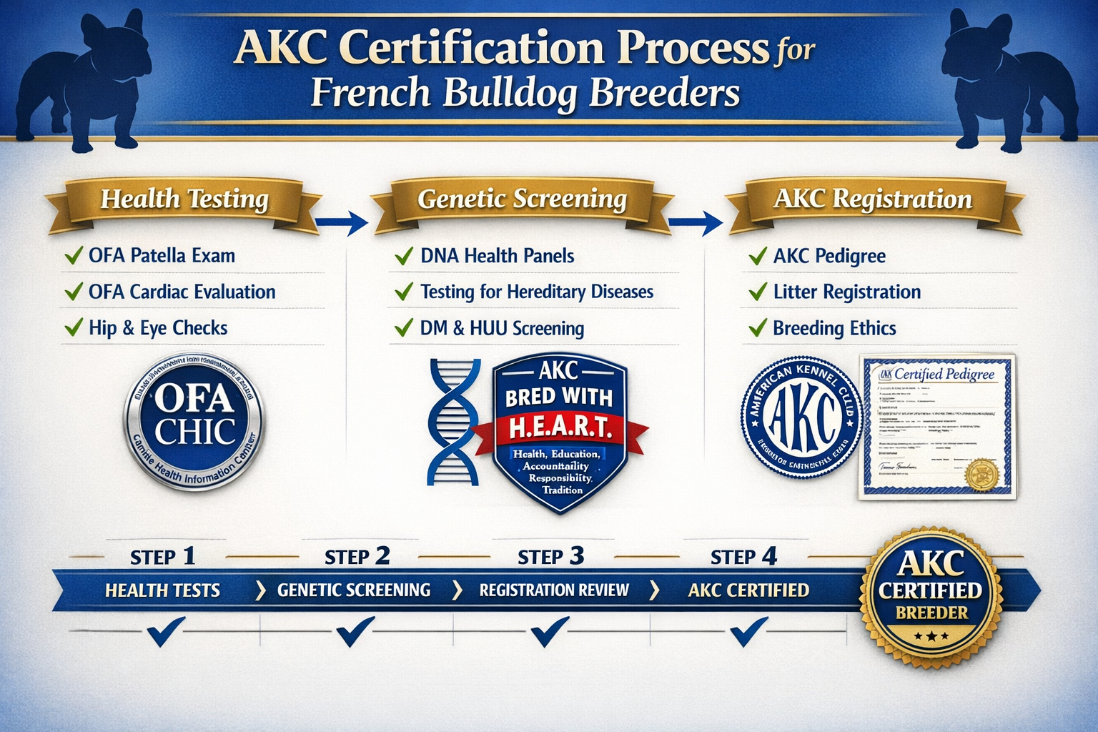 Detailed infographic showing AKC certification process for French Bulldog breeders with checkmarks, official logos, health testing requireme
