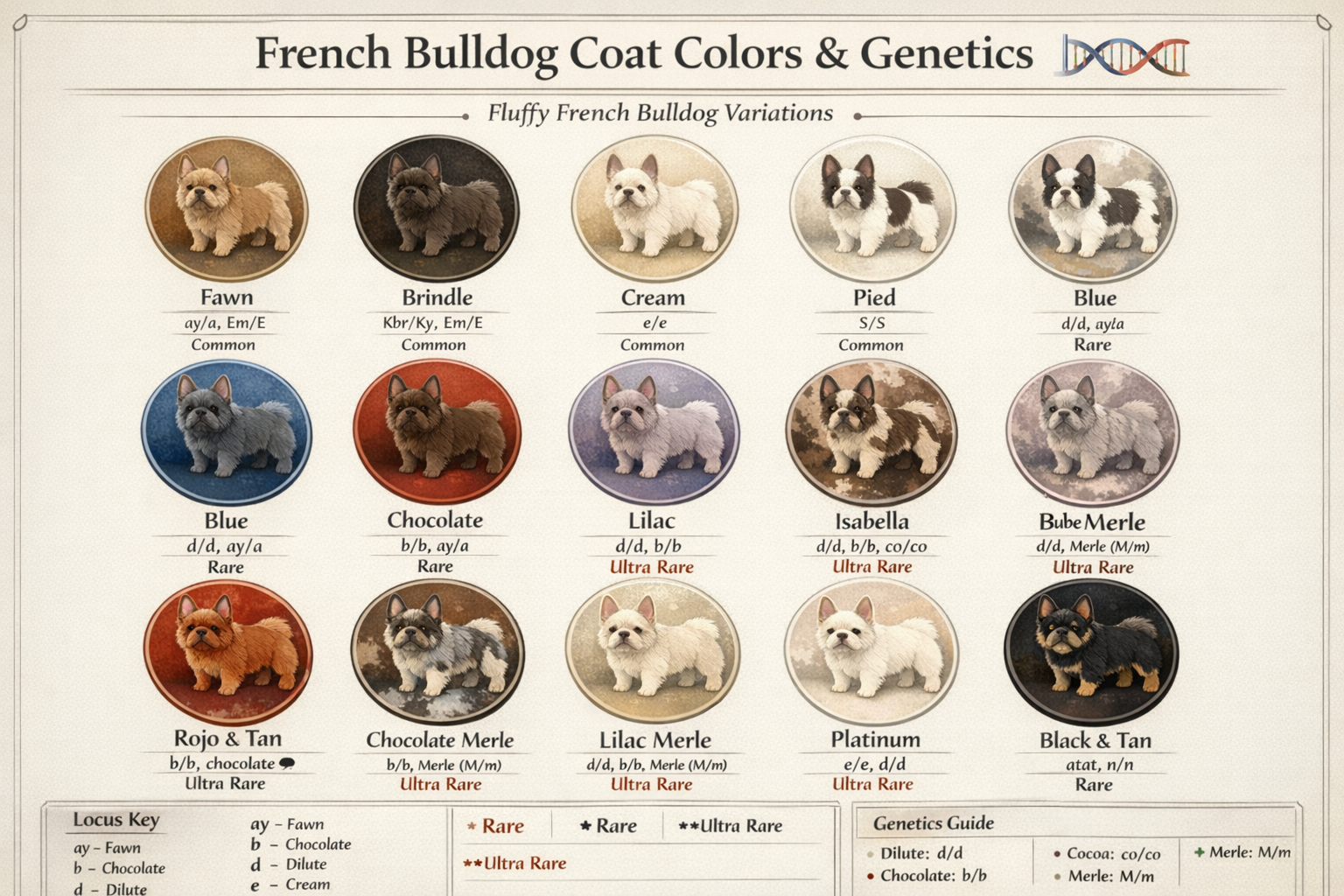Comprehensive color chart displaying 15+ fluffy French Bulldog coat variations including isabella, rojo, blue merle, chocolate, lilac, and p