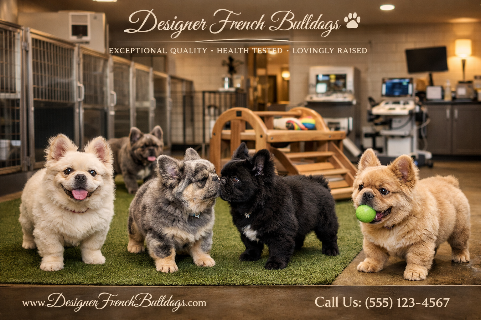 Professional breeding facility showcase featuring Designer French Bulldogs location with modern kennels, play areas, and health screening eq