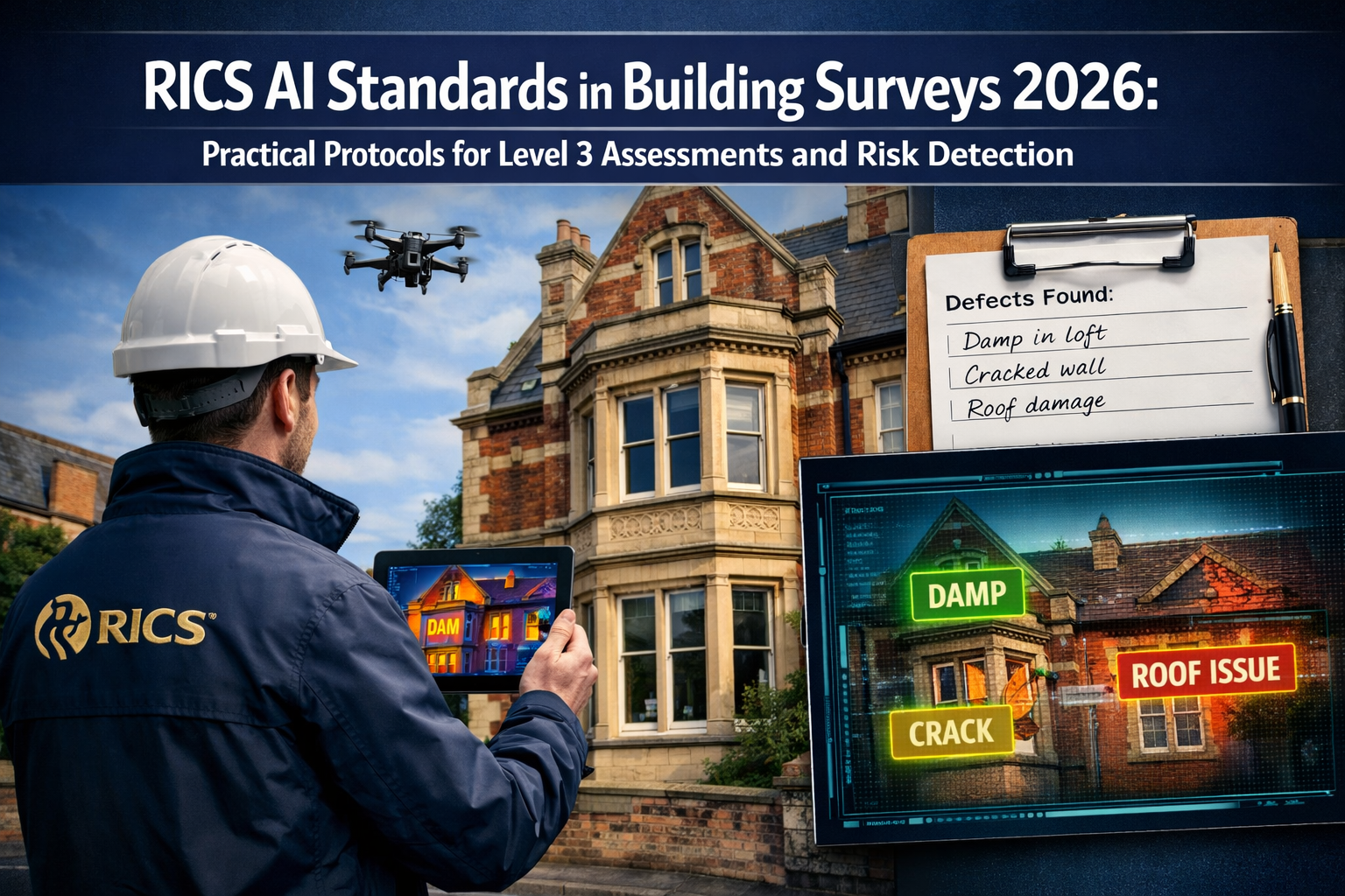 Professional () hero image featuring 'RICS AI Standards in Building Surveys 2026: Practical Protocols for Level 3