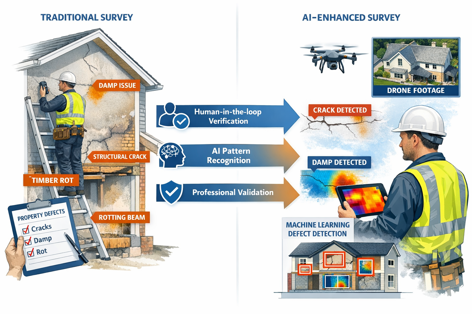 () technical illustration showing Level 3 building survey workflow comparison: left side displays traditional surveyor with