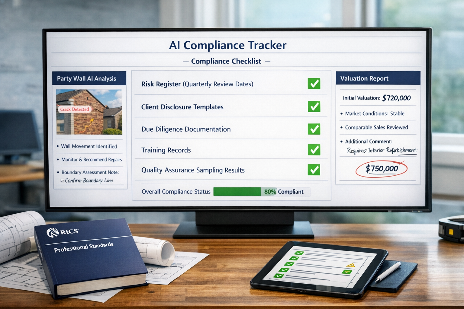 () comprehensive compliance checklist visualization displayed as modern dashboard interface on large monitor screen in