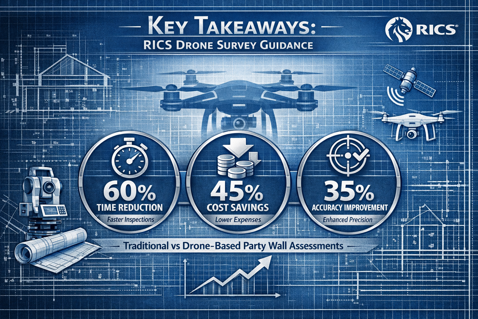 Key visual infographic representing 'Key Takeaways' for RICS Drone Survey Guidance, featuring architectural blueprint-style