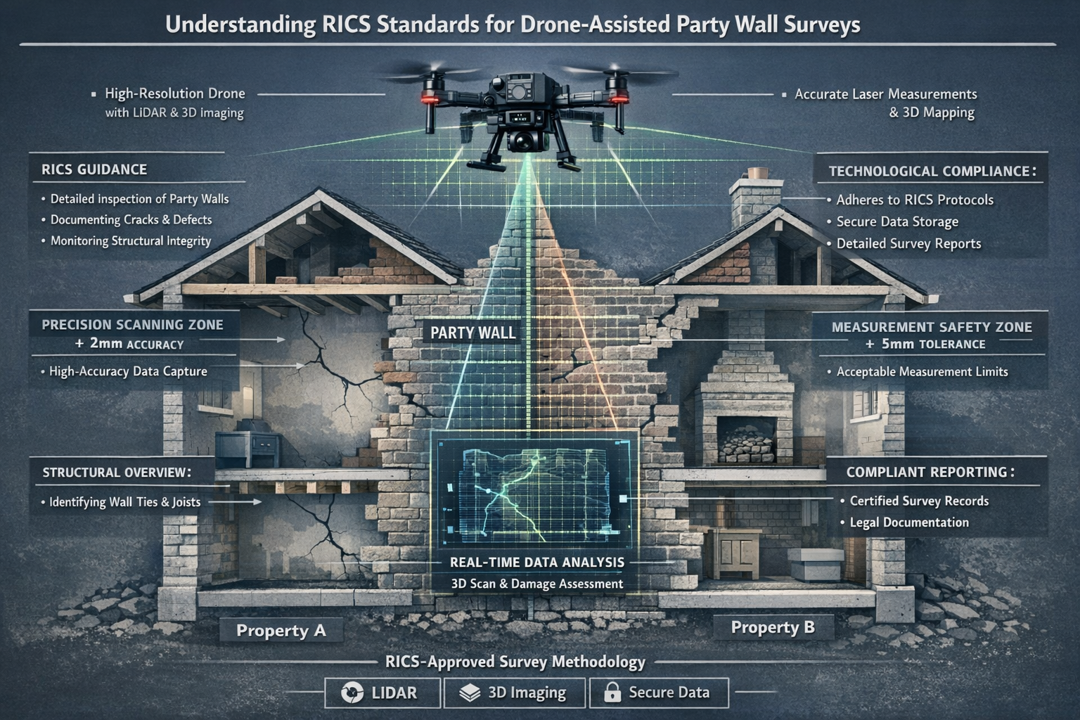 Technical illustration depicting 'Understanding RICS Standards for Drone-Assisted Party Wall Surveys', showcasing cutaway