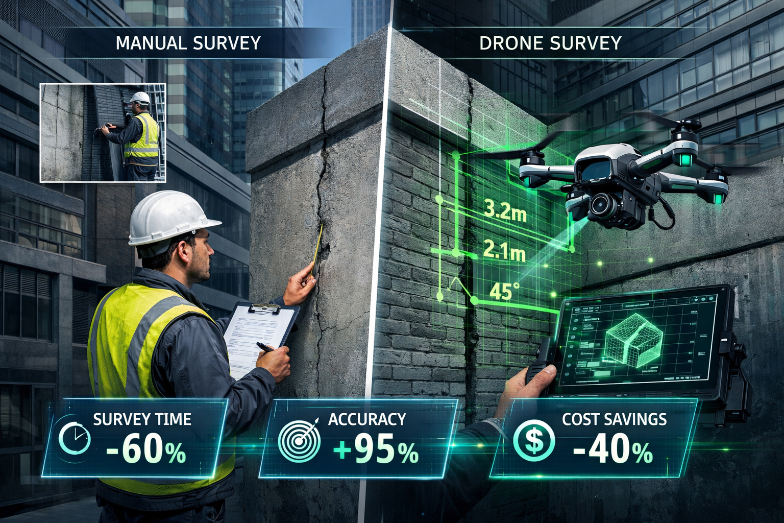 Dynamic action scene illustrating 'How Drone Technology Enhances Party Wall Assessment Efficiency', featuring urban