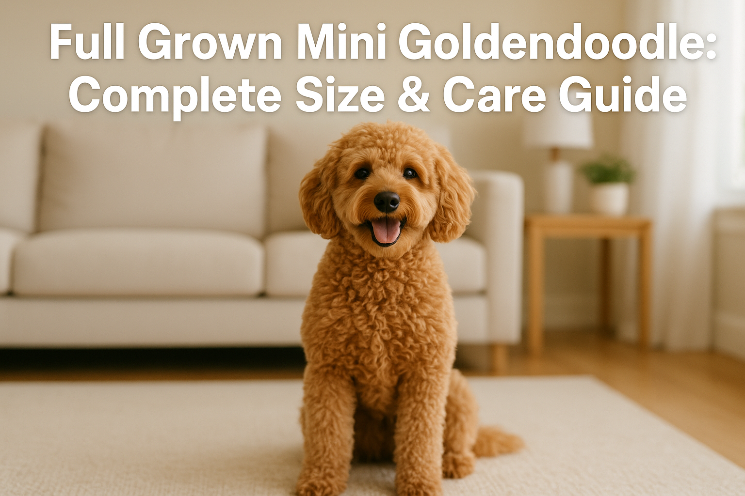 Professional landscape hero image (1536x1024) featuring bold text overlay 'Full Grown Mini Goldendoodle: Complete Size & Care Guide' in extr