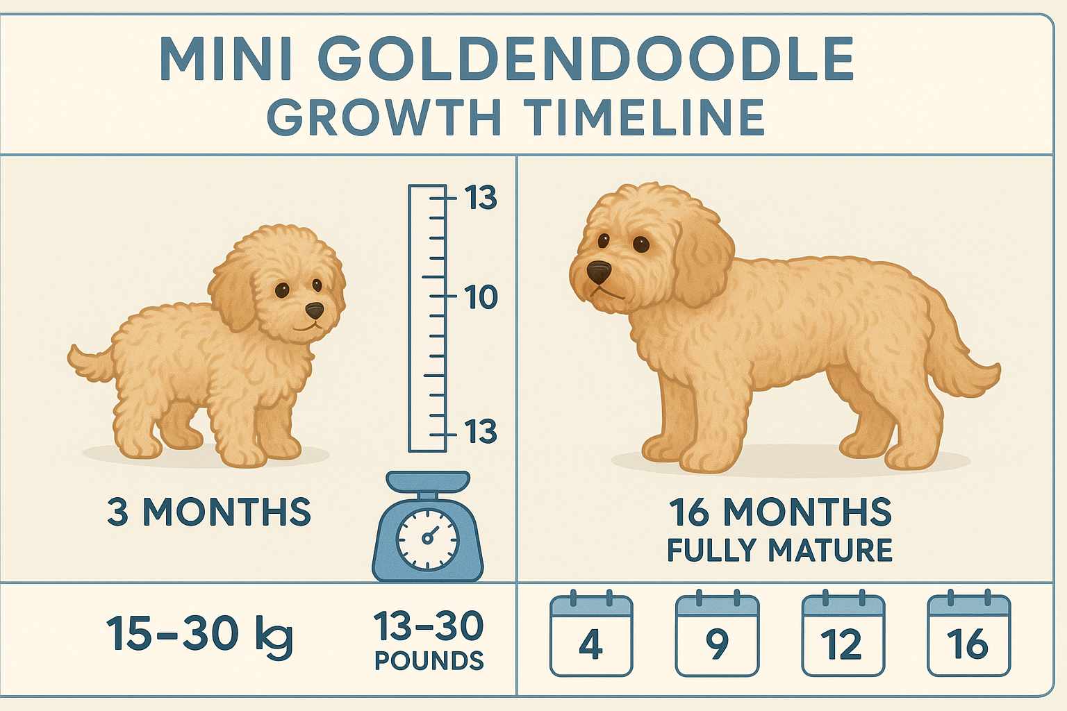 Detailed infographic-style image showing mini goldendoodle growth timeline from puppy to full grown adult, split-screen comparison with 3-mo