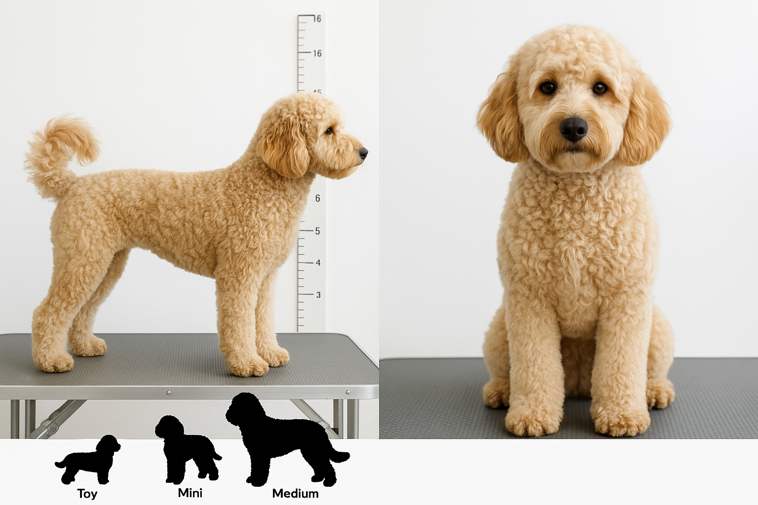 High-quality photograph of full grown mini goldendoodle displaying ideal physical characteristics, side profile and front view showing compa