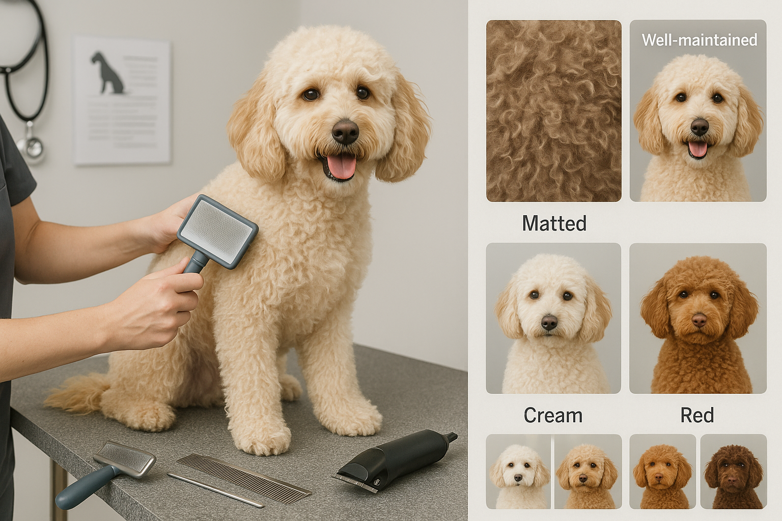 Professional grooming and care scene showing full grown mini goldendoodle receiving coat maintenance, groomer brushing curly hypoallergenic 