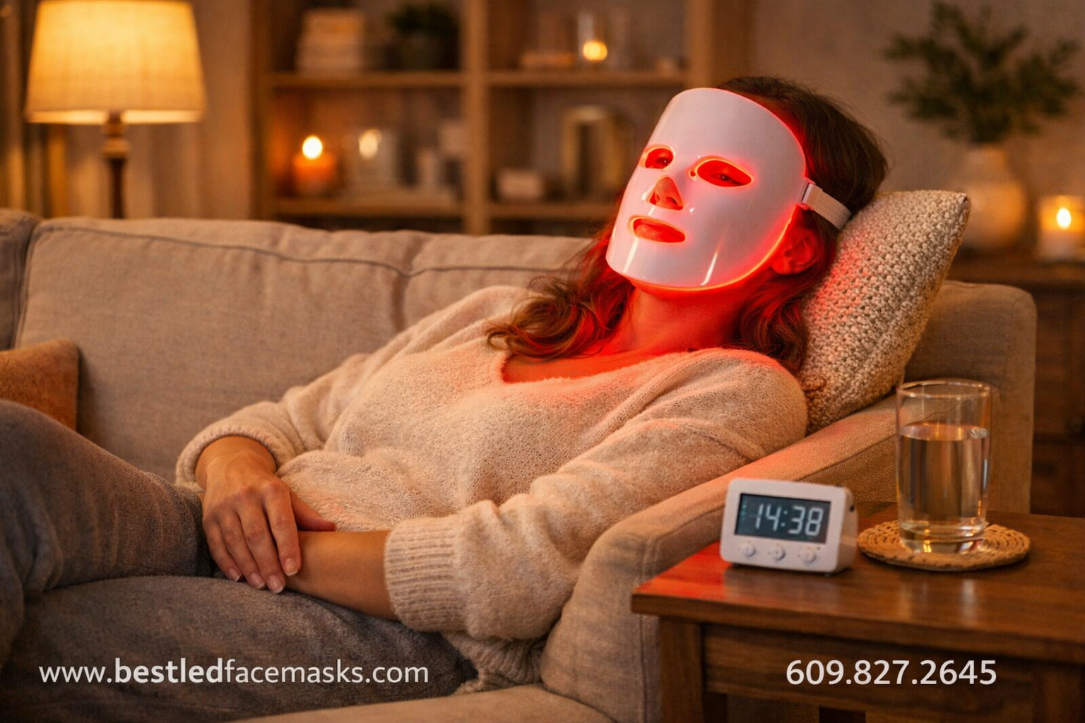 Detailed () showing a woman in her 30s using a red light therapy mask at home on a comfortable sofa, relaxed posture, soft