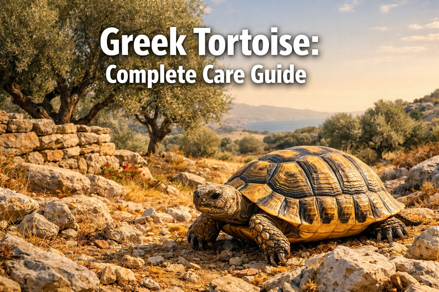Professional landscape hero image (1536x1024) featuring bold text overlay 'Greek Tortoise: Complete Care Guide' in extra large 72pt white sa