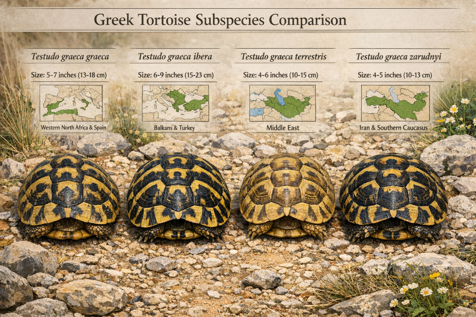 Detailed landscape image (1536x1024) showing Greek tortoise subspecies comparison chart with four distinct tortoise shells side by side on n