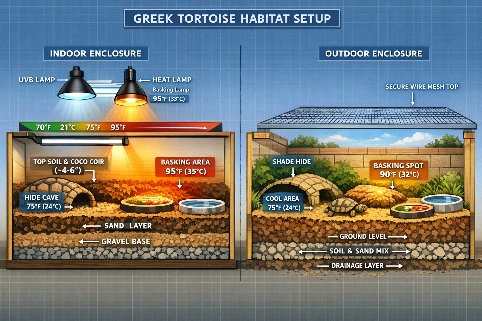 Professional landscape image (1536x1024) depicting complete Greek tortoise habitat setup with indoor and outdoor enclosure cross-sections, U