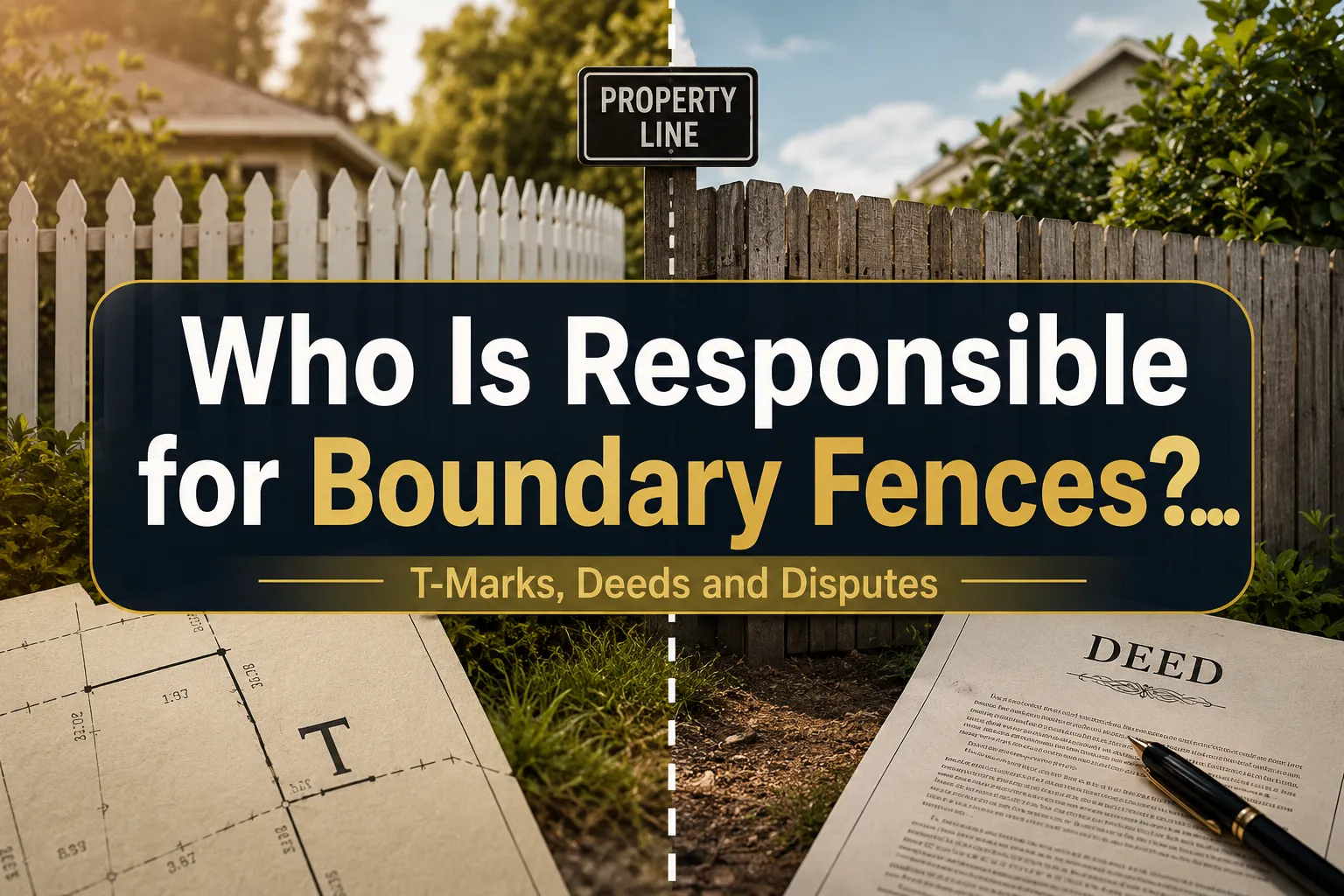 A reading "Who Is Responsible for Boundary Fences?…". CRITICAL TYPOGRAPHY RULES: render the text on 1–2 lines, centered,