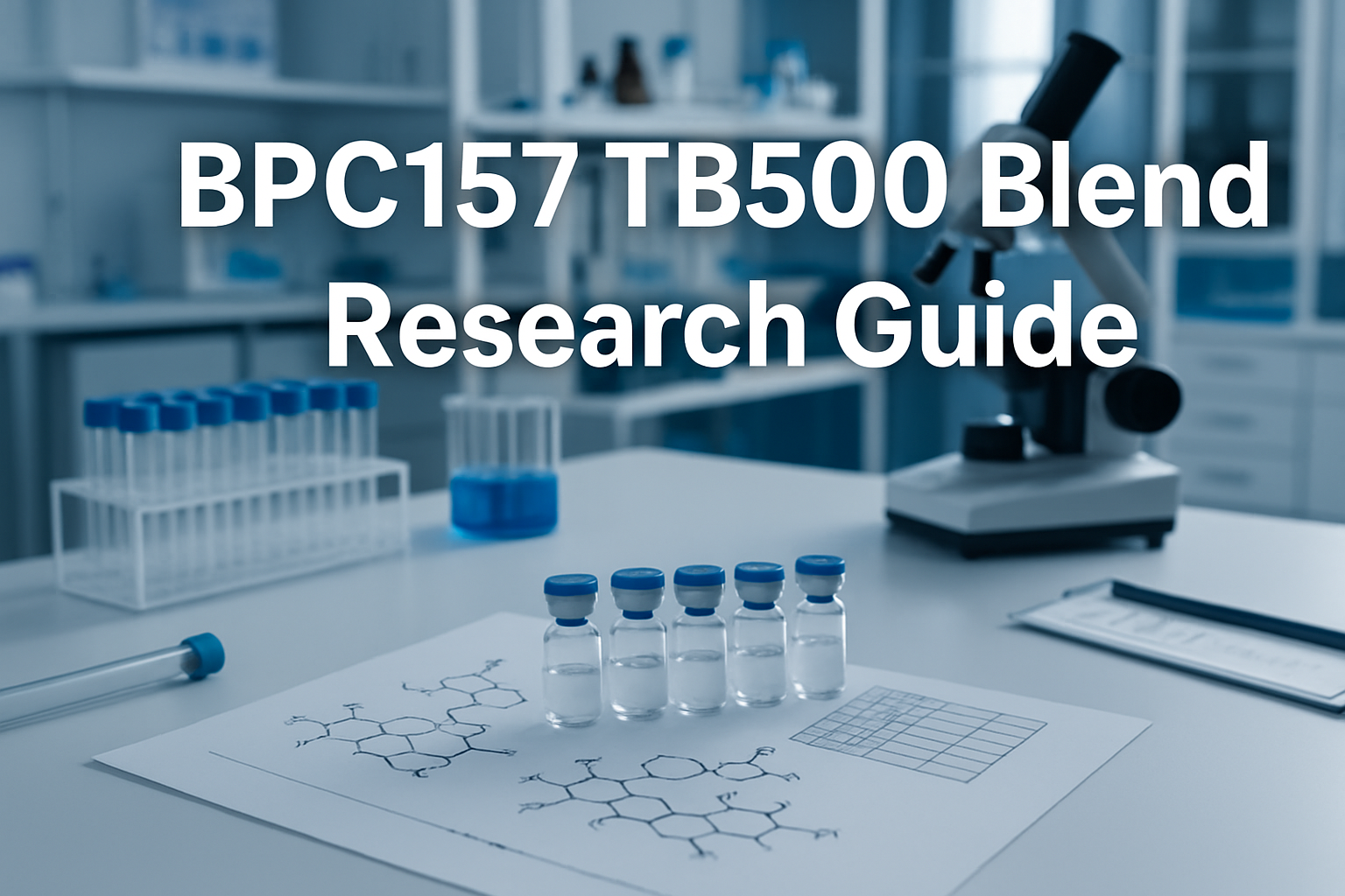 Professional landscape laboratory image (1536x1024) with bold text overlay 'BPC157 TB500 Blend Research Guide' in 70pt white sans-serif font