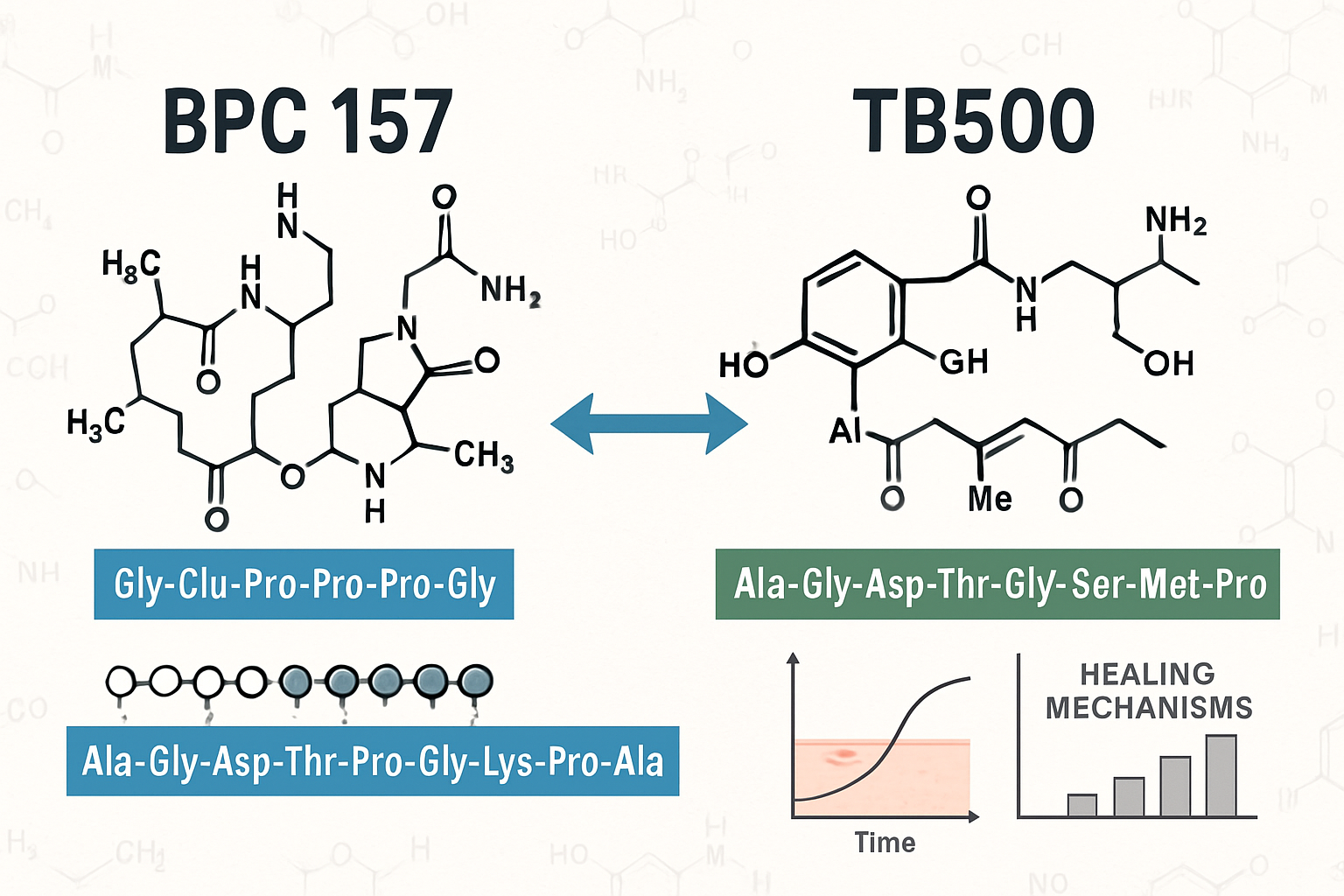 Detailed scientific illustration showing BPC157 and TB500 molecular structures side by side with connecting synergy arrows, peptide chain di