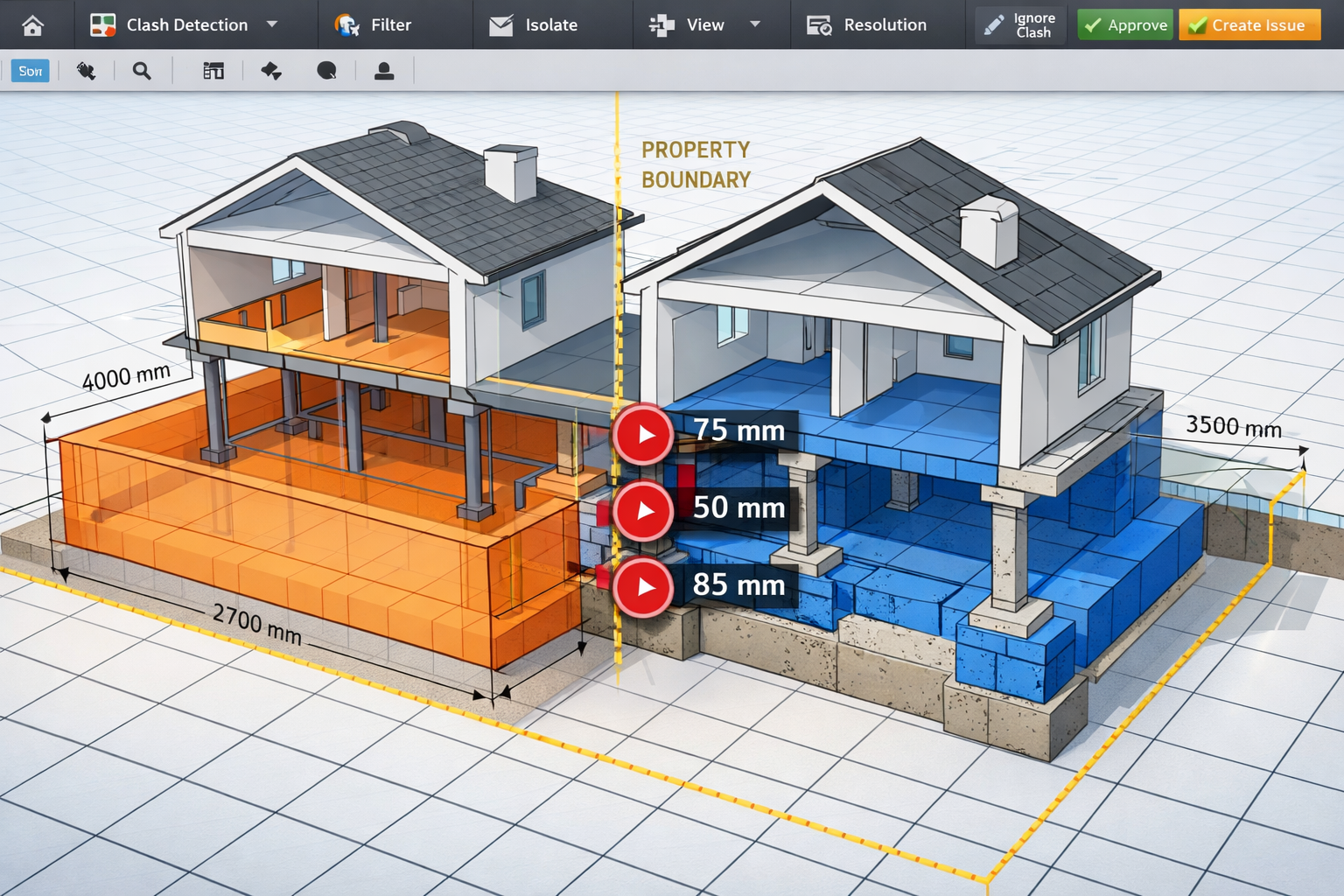 () detailed technical illustration showing cross-section view of two adjoining properties in 3D BIM software interface. Left