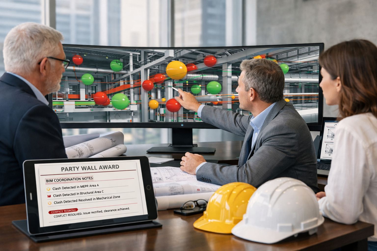 () professional office scene showing party wall surveyor presenting BIM clash detection findings on ultra-wide curved