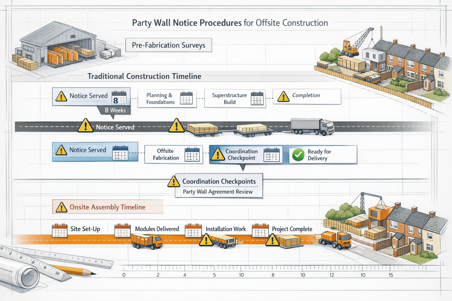 Detailed () technical illustration showing timeline infographic of party wall notice procedures for offsite construction.