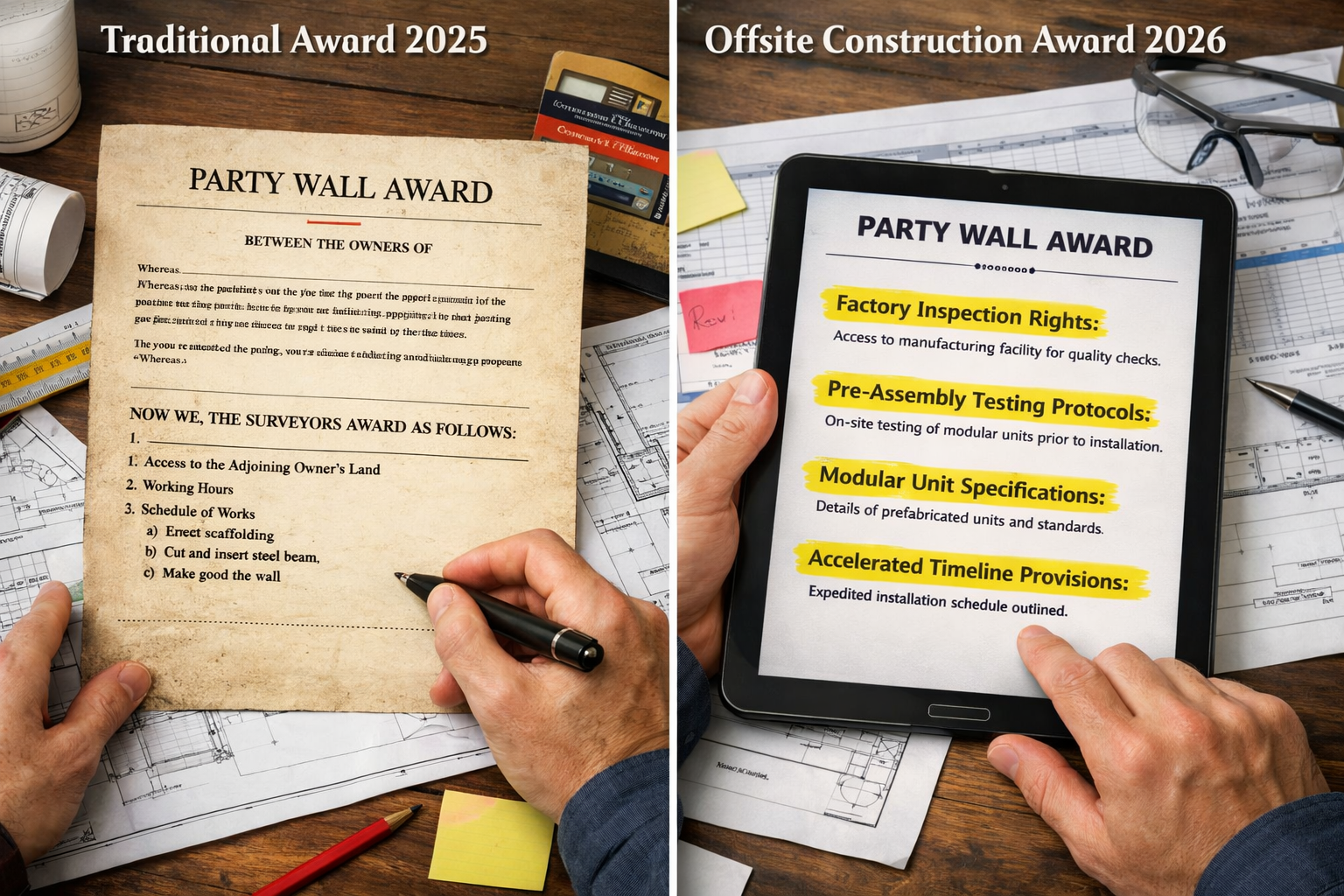 Detailed () conceptual split-screen comparison showing two party wall award documents side by side. Left document labeled