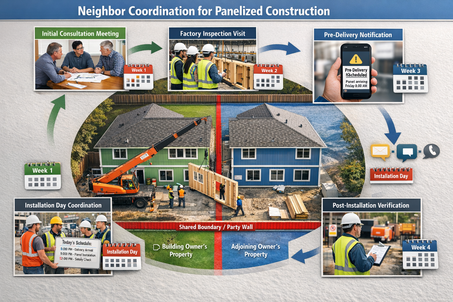 Detailed () practical workflow diagram showing neighbor coordination process for panelized construction project. Central