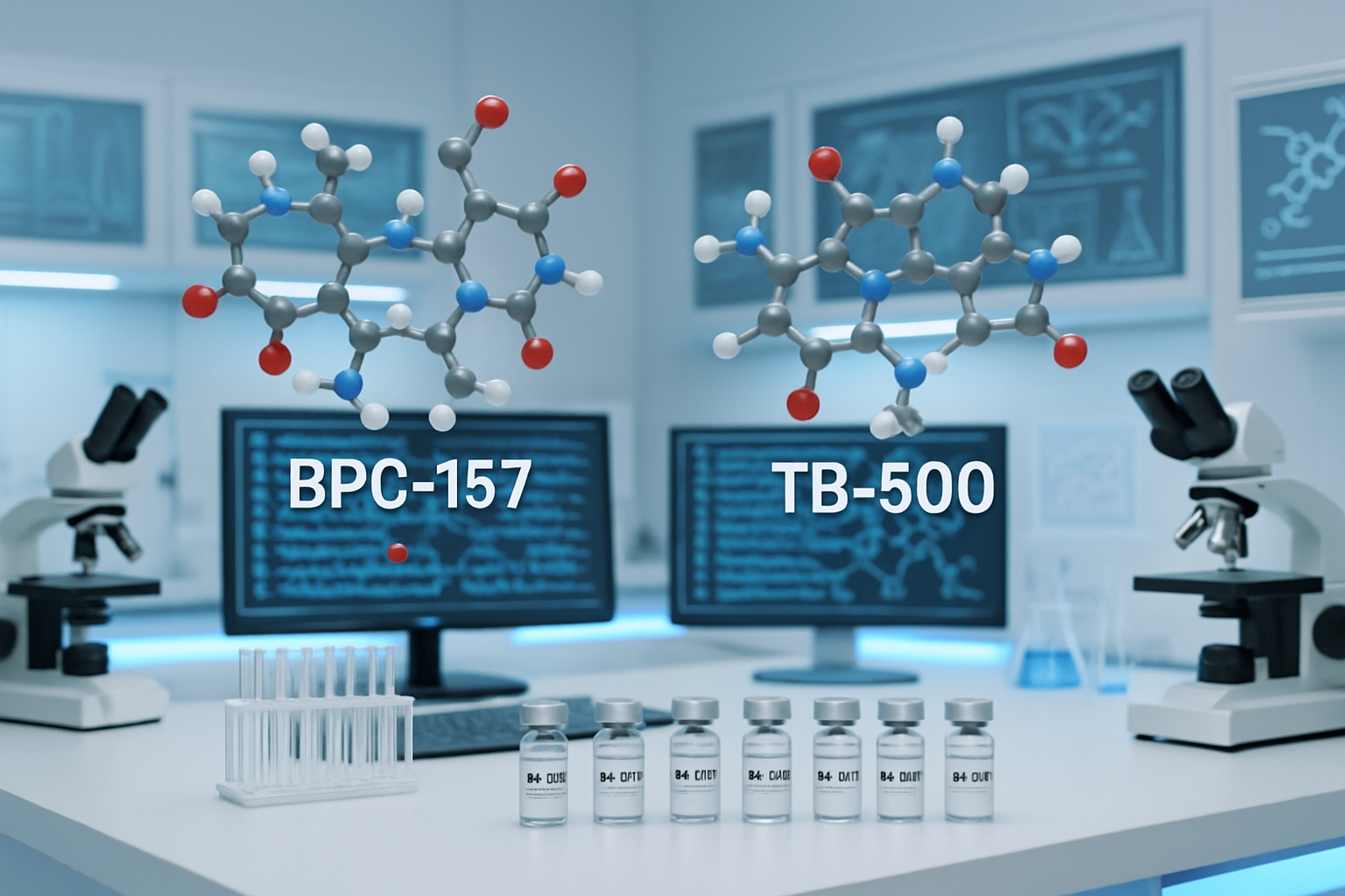Scientific laboratory scene showing BPC-157 and TB-500 peptide molecular structures floating above research equipment, with microscopes, tes