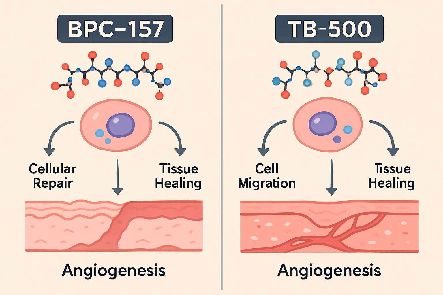 Comparative infographic visualization showing BPC-157 and TB-500 mechanisms of action side by side, with cellular repair pathways illustrate