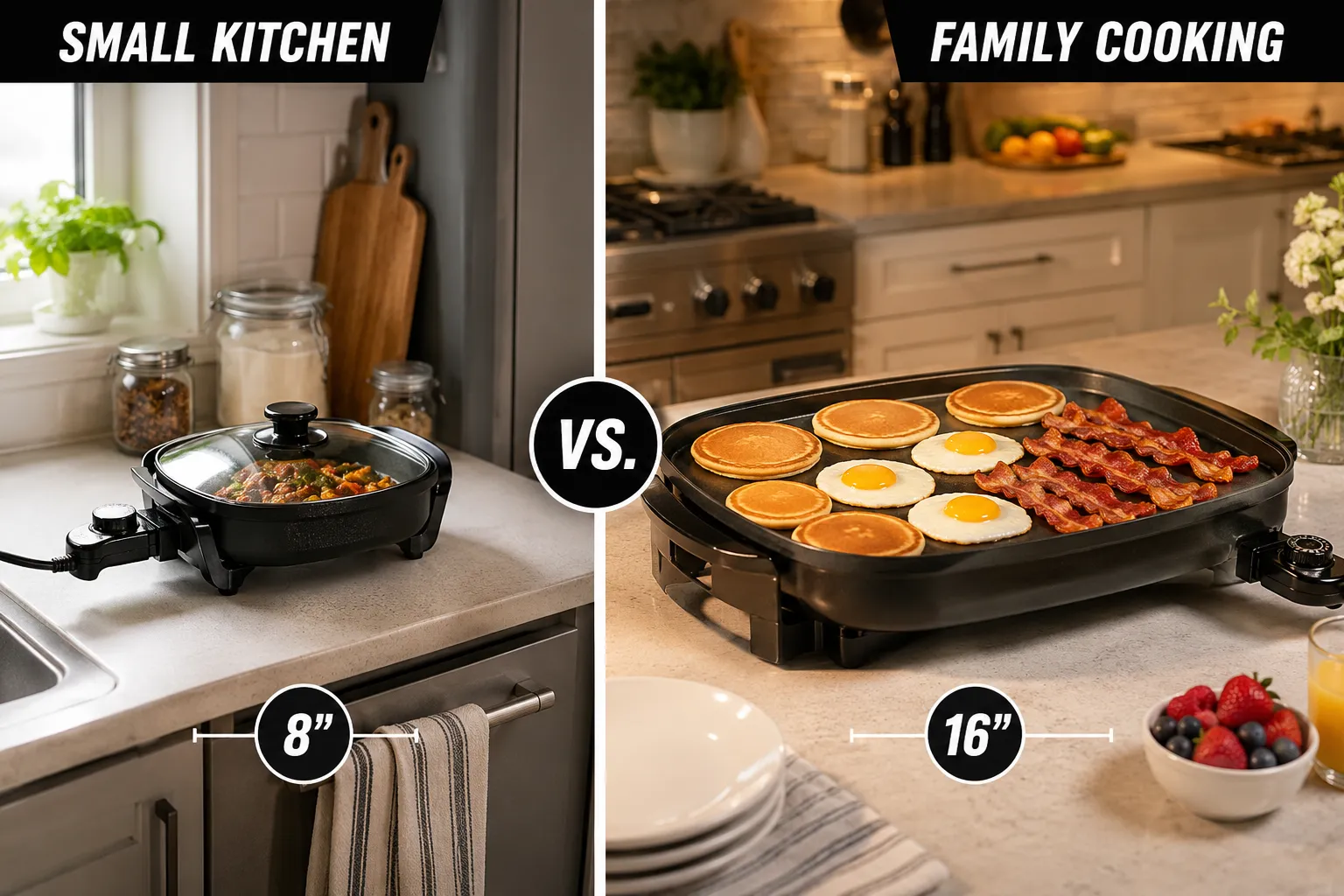 Split-screen editorial photograph (1536x1024): left half shows a compact 8-inch electric skillet on a small apartment kitchen counter with limited space, bright natural window light, minimalist setup; right half shows a large 16-inch family-sized electric skillet on a spacious kitchen island with pancakes, eggs, and bacon cooking simultaneously, warm overhead lighting. Bold center divider line with short labels 'Small Kitchen' on left and 'Family Cooking' on right, high-contrast magazine composition, food photography quality. What Sets GreenPan Electric Skillets Apart