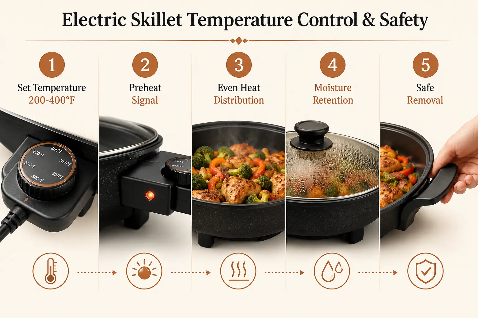 Numbered step-by-step process flow diagram (1536x1024) showing electric skillet temperature control and safety: Step 1 shows thermostat dial with callout 'Set Temperature 200-400°F'; Step 2 shows indicator light with label 'Preheat Signal'; Step 3 shows food being added with label 'Even Heat Distribution'; Step 4 shows tempered glass lid with label 'Moisture Retention'; Step 5 shows cool-touch handle with label 'Safe Removal'. Clean cream background, warm copper and charcoal palette, numbered circular icons, professional kitchen-guide illustration style, editorial quality. Electric Pan Safety Tips and Precautions