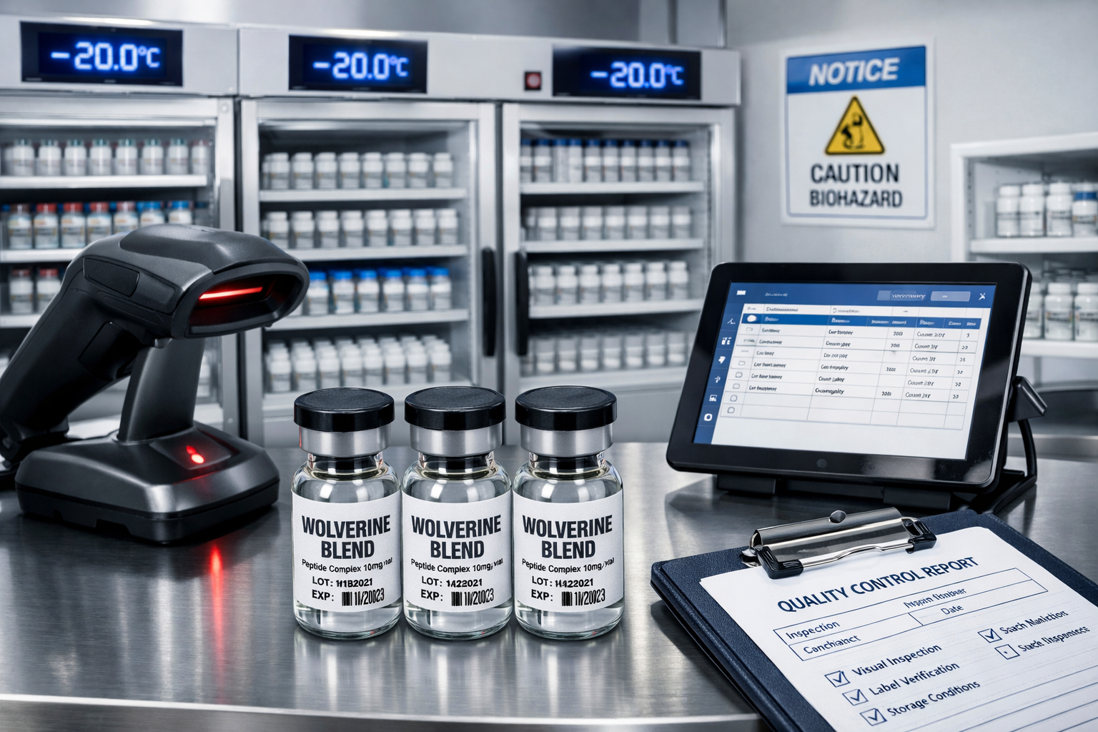 Professional landscape photograph (1536x1024) of organized peptide storage facility showcasing temperature-controlled environments, labeled 