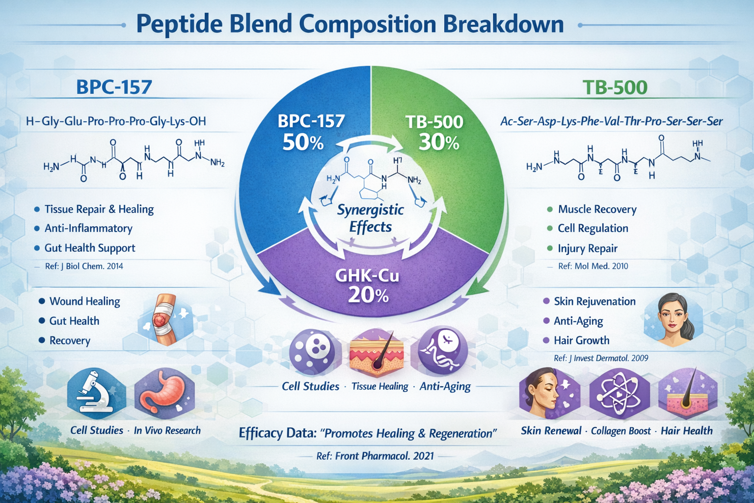 Detailed landscape infographic (1536x1024) displaying peptide blend composition breakdown with molecular structure diagrams of BPC-157, TB-5