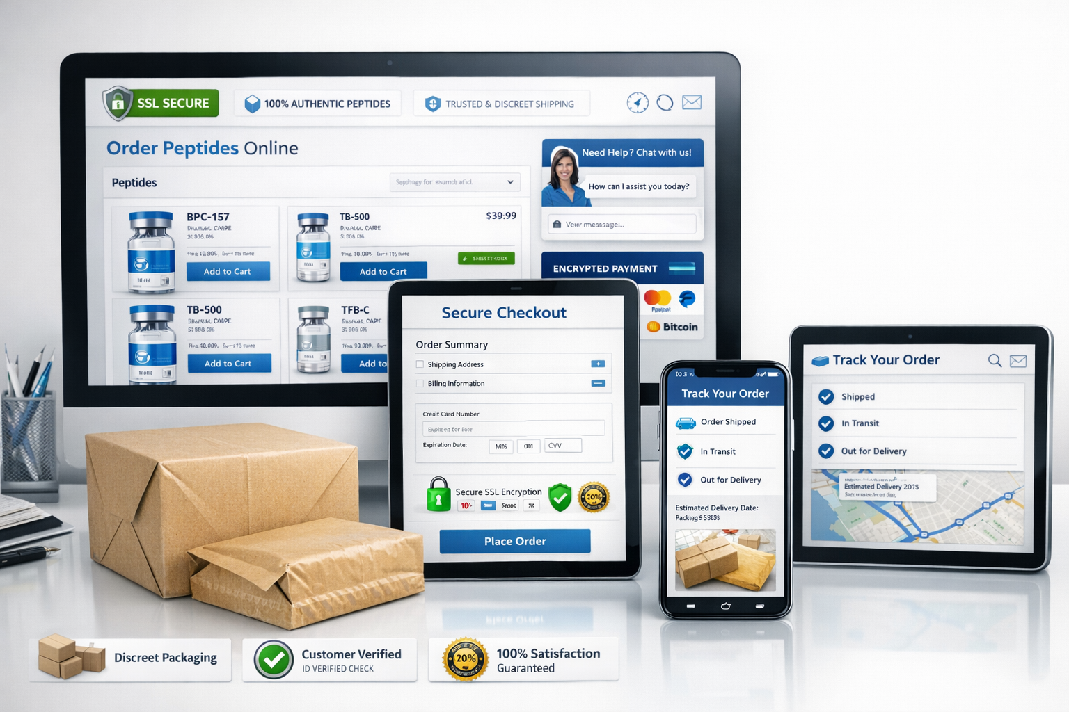 Professional landscape photograph (1536x1024) of secure online peptide ordering interface on desktop and mobile devices, showing product sel