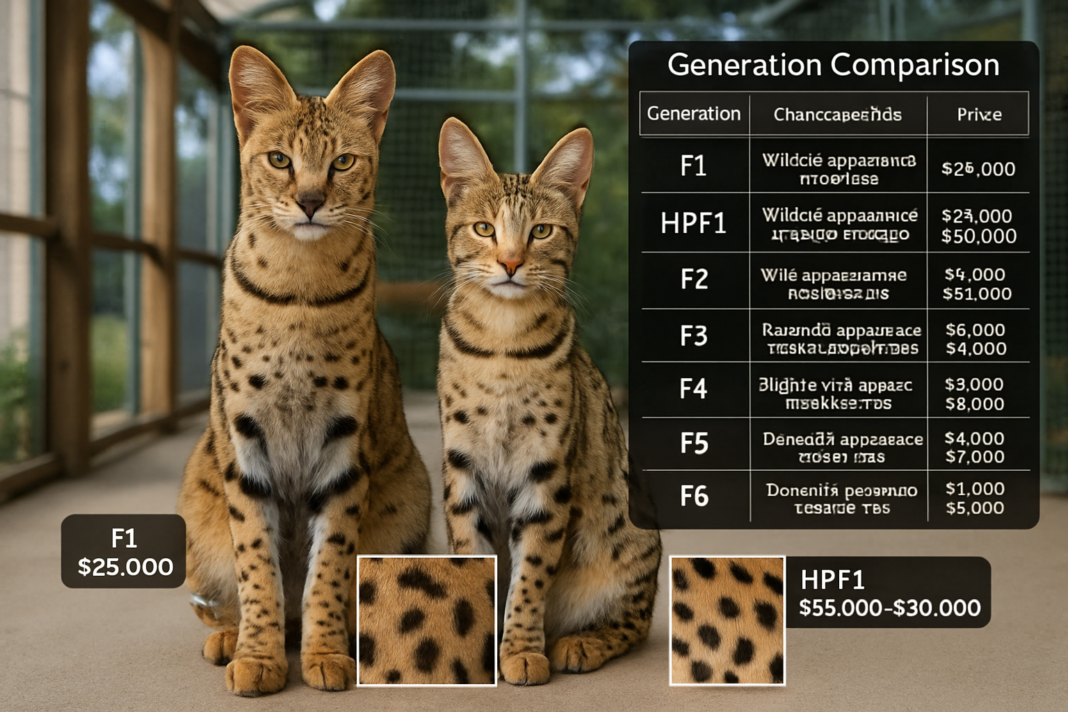 High-quality editorial image showing F1 and HPF1 Savannah cats side by side displaying size differences and distinctive wild markings, with 