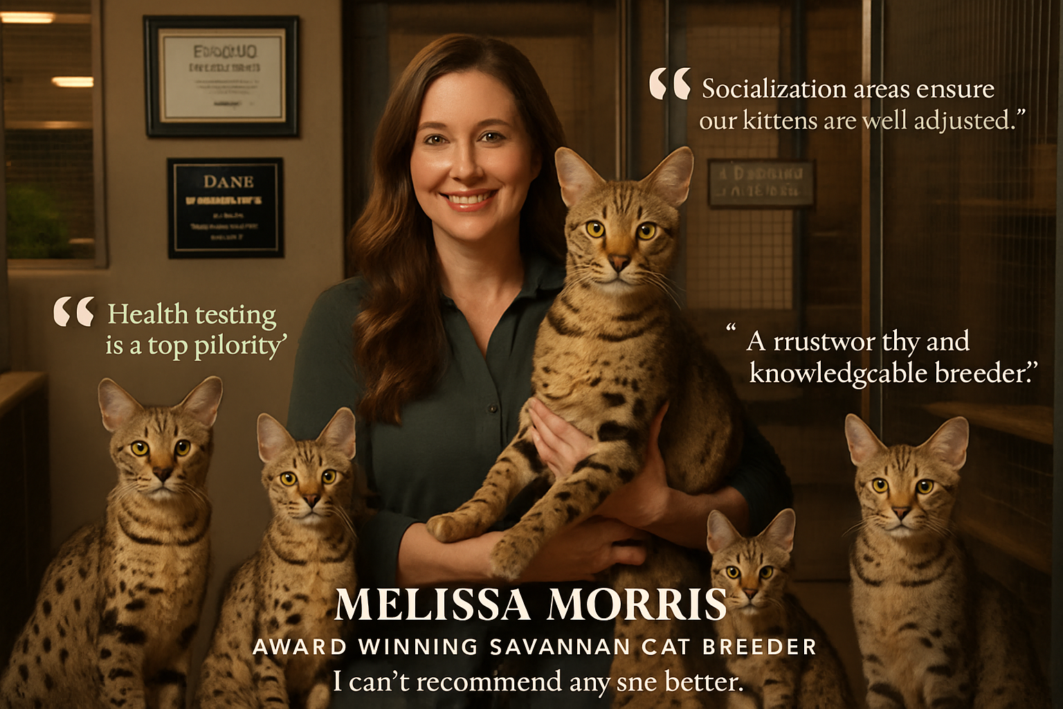 Professional portrait of award-winning Savannah cat breeder Melissa Morris in her California facility surrounded by multiple generation Sava