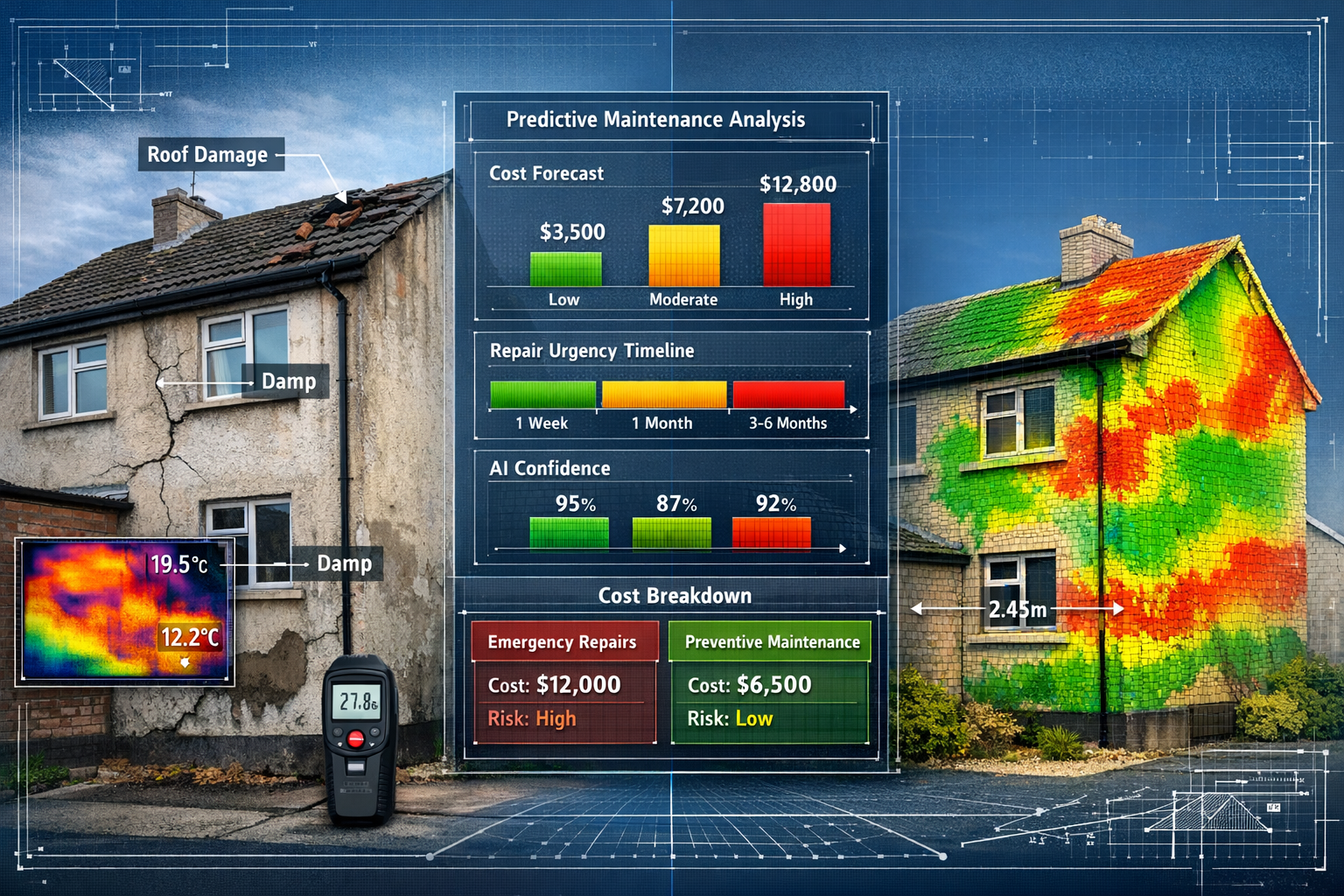 Detailed landscape format (1536x1024) image showing AI-enhanced defect detection workflow in property surveys. Split-screen composition: lef