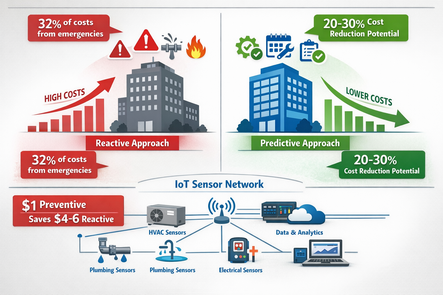 Comprehensive landscape format (1536x1024) infographic illustrating cost-benefit analysis of predictive maintenance versus reactive maintena