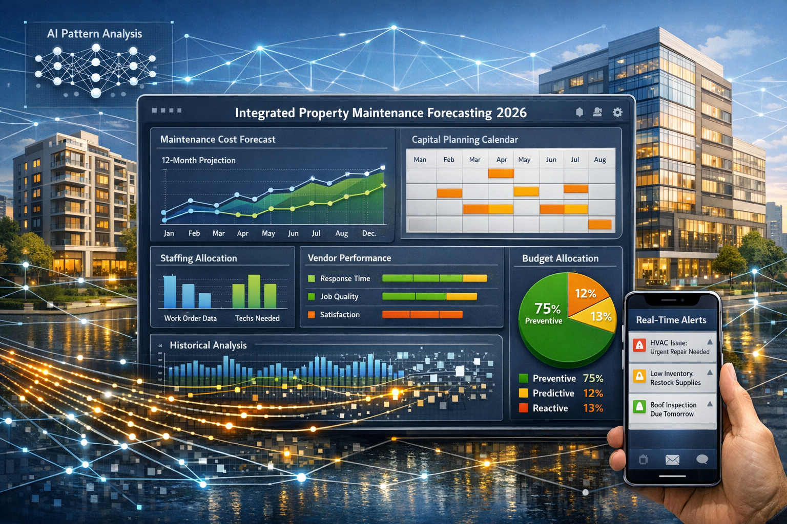 Detailed landscape format (1536x1024) visualization of integrated property maintenance forecasting ecosystem for 2026. Central dashboard int