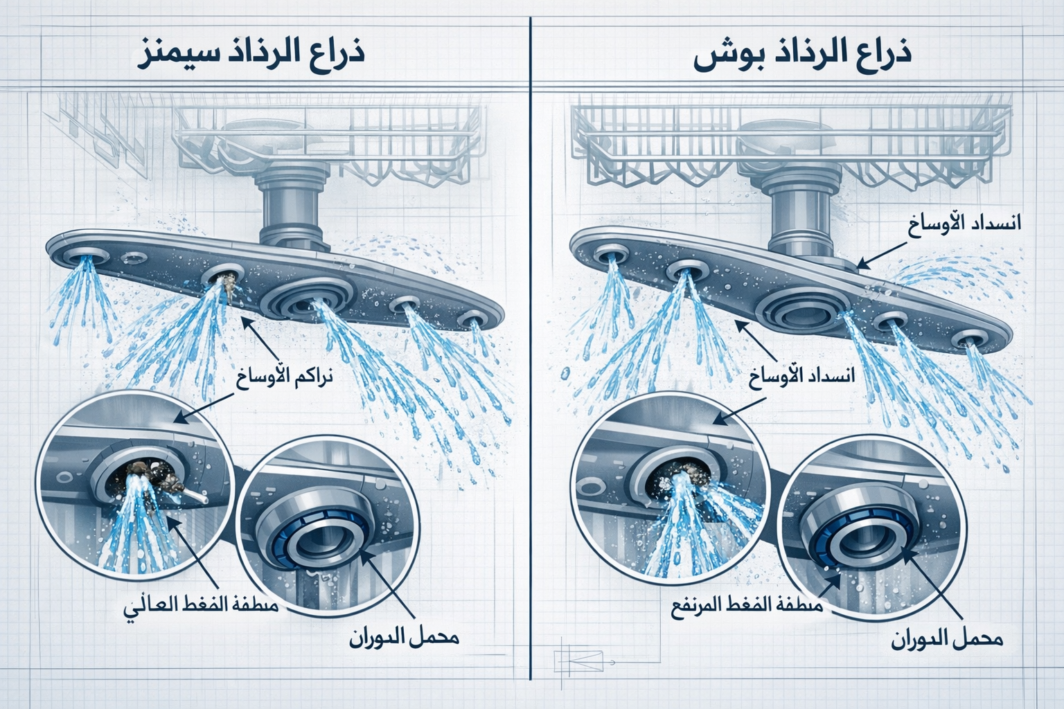 مقارنة صيانة غسالات الصحون Siemens وBosch: إصلاح مشاكل الرذاذ والتسخين في الموديلات الأوروبية 1 () detailed technical infographic-style image showing a split-view comparison diagram of Siemens versus Bosch dishwasher