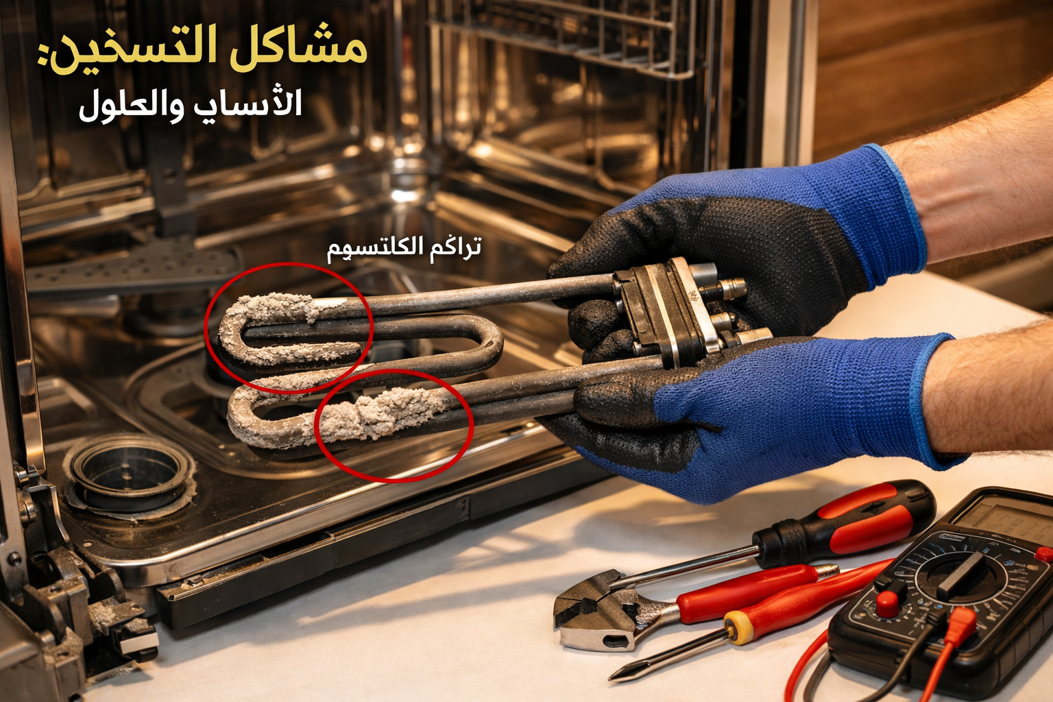 مقارنة صيانة غسالات الصحون Siemens وBosch: إصلاح مشاكل الرذاذ والتسخين في الموديلات الأوروبية 2 () showing a technician's hands (gloved, with Arabic 'مشاكل التسخين: الأسباب والحلول' displayed as a label in upper left