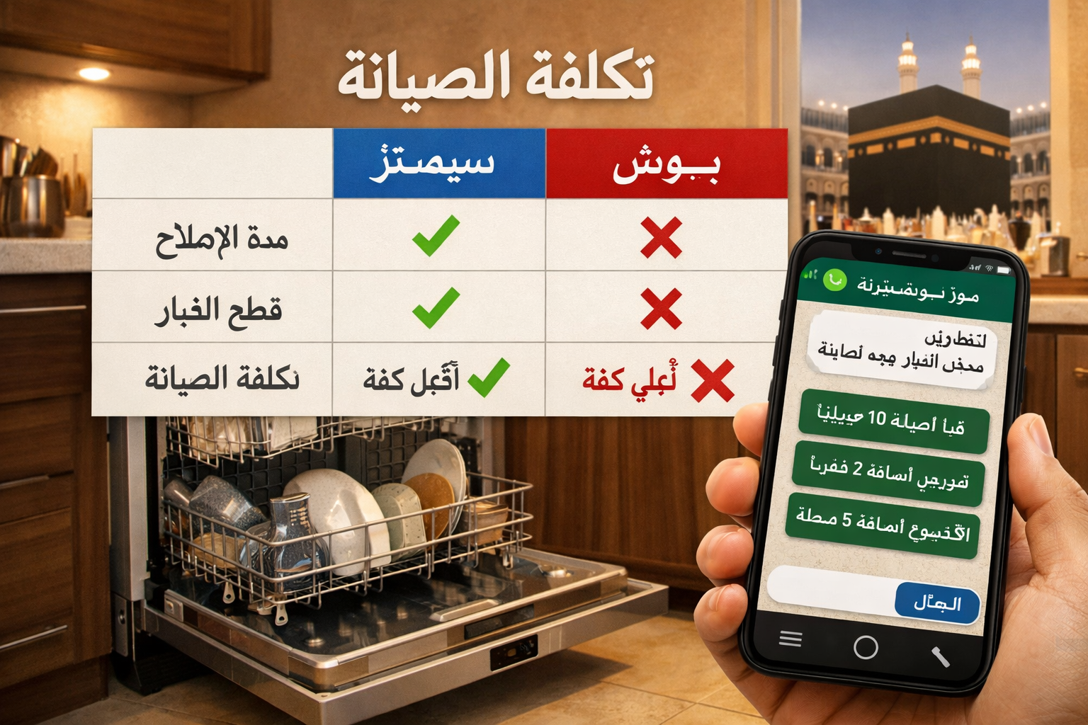 مقارنة صيانة غسالات الصحون Siemens وBosch: إصلاح مشاكل الرذاذ والتسخين في الموديلات الأوروبية 3 () showing a comparison maintenance cost table rendered as a clean infographic with Arabic headers: 'تكلفة الصيانة', 'قطع