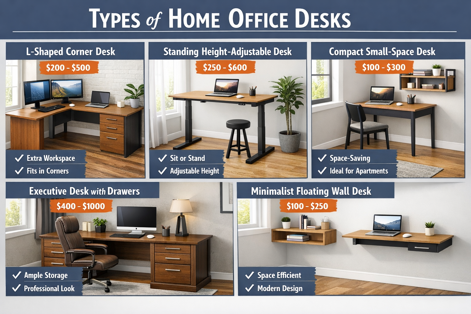 Best Home Office Desks Landscape format (1536x1024) editorial infographic showing five distinct types of home office desks arranged in a clean grid layout: L-shape