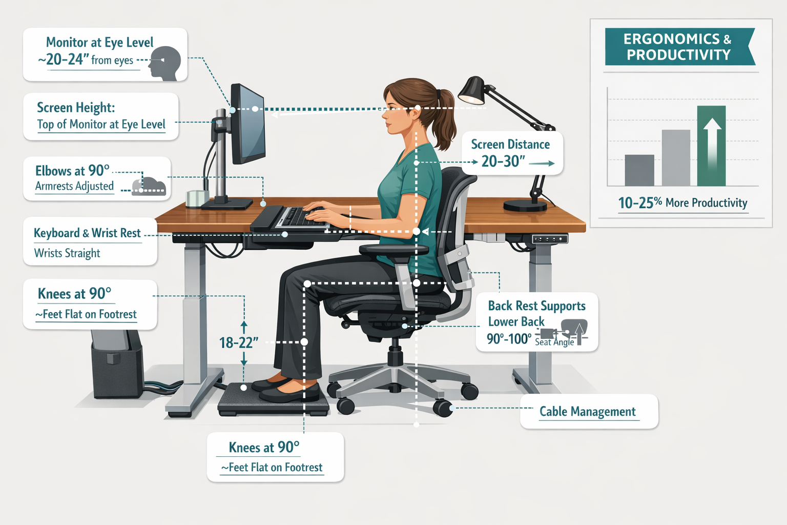 Best Home Office Desks Landscape format (1536x1024) detailed ergonomic workspace illustration showing a person sitting at a height-adjustable standing desk with pr