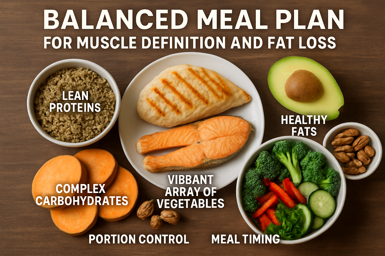 An engaging visual representation of a balanced meal plan for muscle definition and fat loss. The image should feature a collection of vario