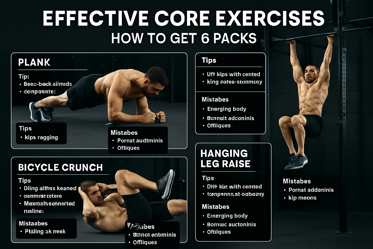 A dynamic composite image showcasing three different effective core exercises: a plank with proper form, a bicycle crunch, and a hanging leg